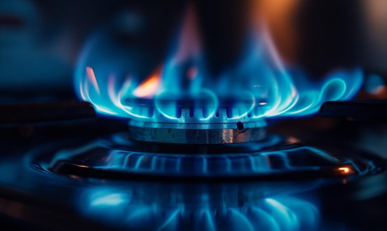 A close-up view of a gas stove burner with blue flames.