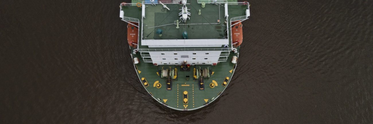 A huge export container ship shot from a high angle