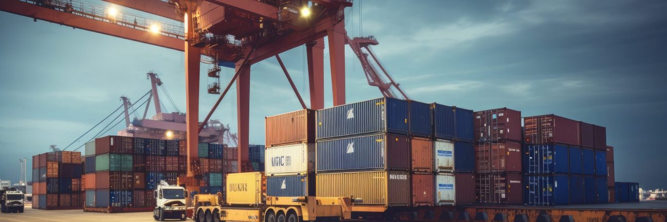 Logistics and transportation of Container Cargo ship and Cargo plane with working crane bridge in shipyard at sunrise, logistic import export and transport industry background. Ai generative