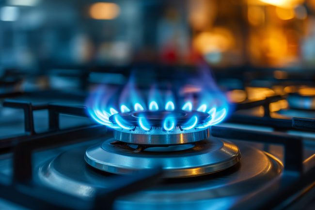 Natural gas burning on kitchen gas stove. Panel from steel with a gas ring burner close up