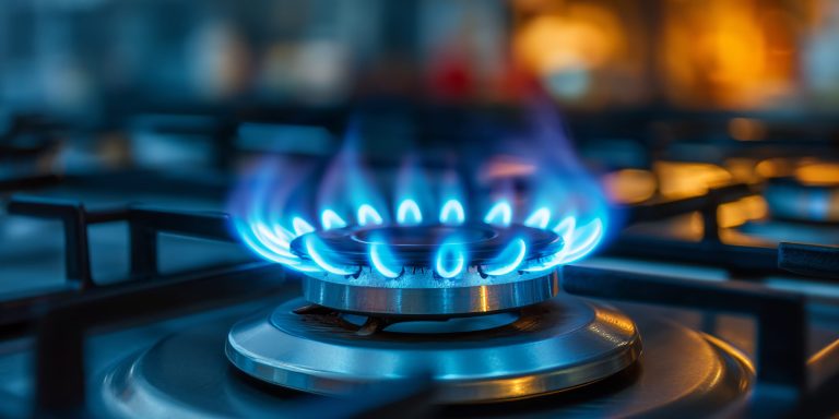 Natural gas burning on kitchen gas stove. Panel from steel with a gas ring burner close up