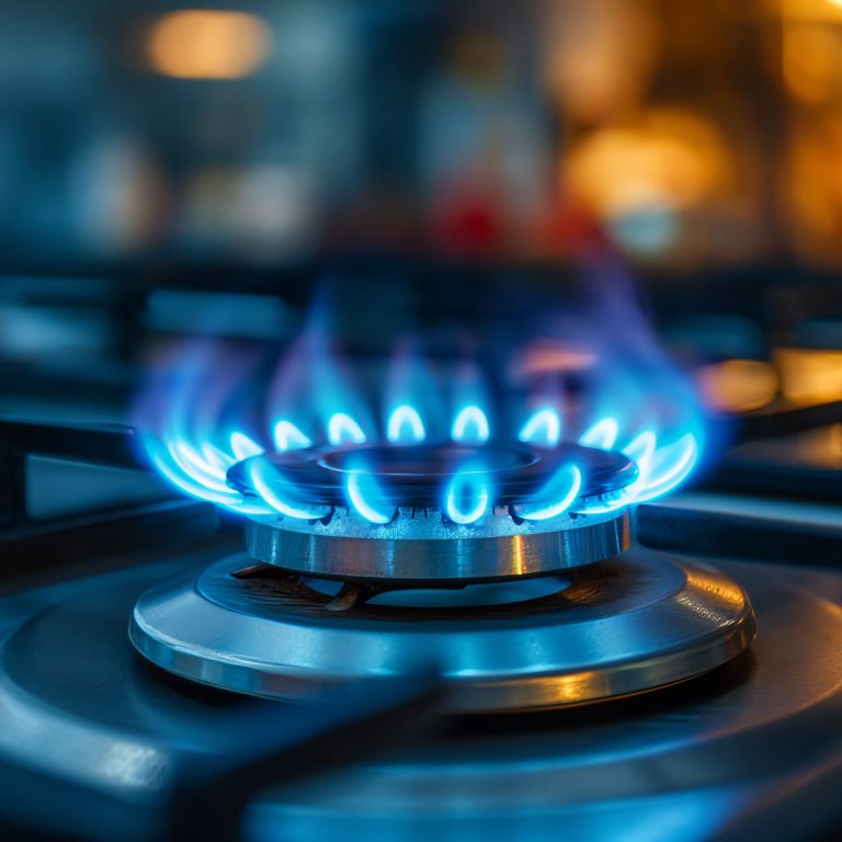 Natural gas burning on kitchen gas stove. Panel from steel with a gas ring burner close up